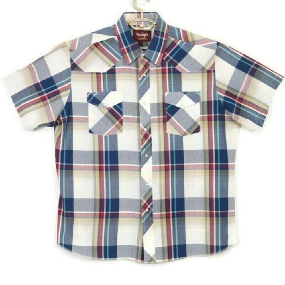 Vintage Wrangler Western Shirt White‎ Blue Red Tan Plaid Pearl Snap XL